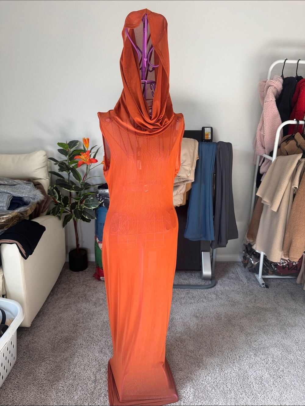 Fashion Nova sheer Sleek Hooded Rust brown/ Orange  Maxi Dress